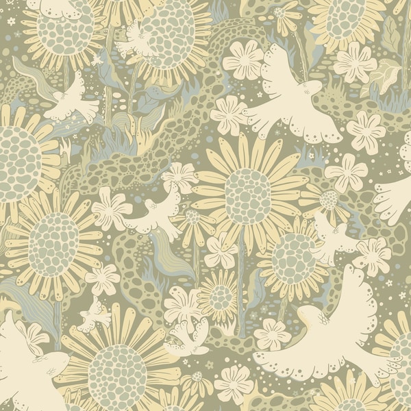 Manhattan Comfort Roubaix Drmma Sage Songbirds and Sunflowers 33 ft L X 209 in W Wallpaper BR4111-63009 - main